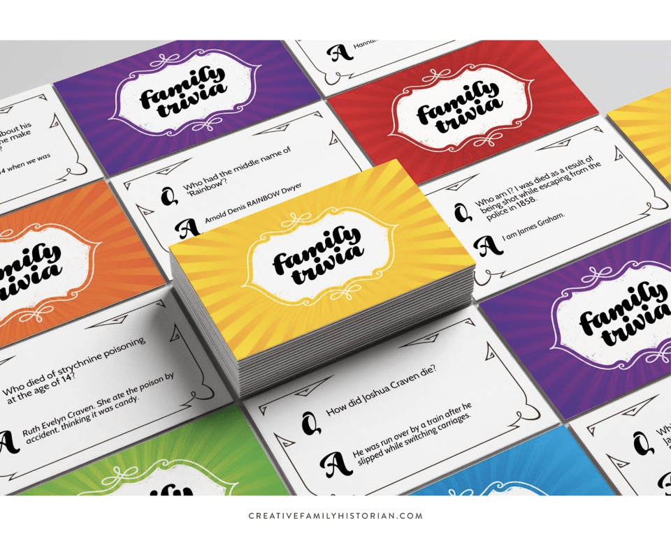 A game called "Family Trivia." This image is of the cards. They are yellow, red, orange, or purple on one side, with trivia questions on the other side.